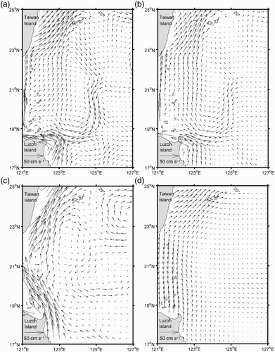 Fig. 5 Current field in spring. (a) current field at 10 m computed from Argo data, (b) current field at 200 m computed from Argo data, (c) geostrophic current field extracted from altimetric data, and (d) current field at 10 m computed from Levitus data.