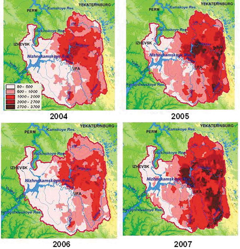 Figure 11. Mapping of simulated annual specific copper washoff (g year−1 km−2) over the period 2004–2007.