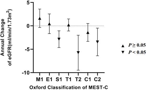 Figure 4 Association of the Oxford Classification MEST-C score with the annual changes in estimated glomerular filtration rate (eGFR) in immunoglobulin A nephropathy patients. Estimates (95% confidence interval) in mL/min/1.73 m2 per year for each Oxford Classification score. Compared with patients without the relative lesions, the presence of S1, T2, and C2 were significantly associated with a faster eGFR decline (p < 0.05).