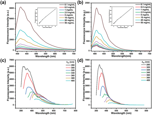 Figure 4. (a-b) fluorescence emission spectra of P2T1 (a) and P2T2 (b) dissolved in DCM (λex = 365 nm) under different concentrations; (c-d) fluorescence emission spectra of P2T1 (c) and P2T2 (d) in DCM (10 mg/mL) under different excitation wavelength.