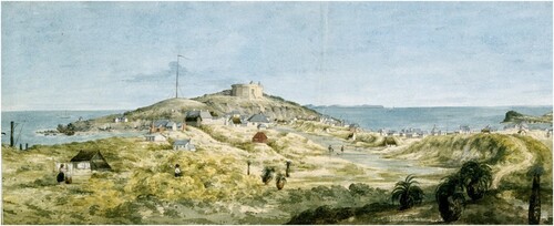 Figure 1. The Fremantle Gaol, known as the Roundhouse overlooked the small settlement of Fremantle in 1832. Panorama of the Swan River Settlement, Jane Eliza Currie, 1830-1832, ML 827, Mitchell Library, State Library of New South Wales.