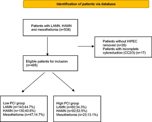 Figure 1. Flowchart showing total number of patients included in the study after exclusion of those with incomplete cytoreduction and without HIPEC.