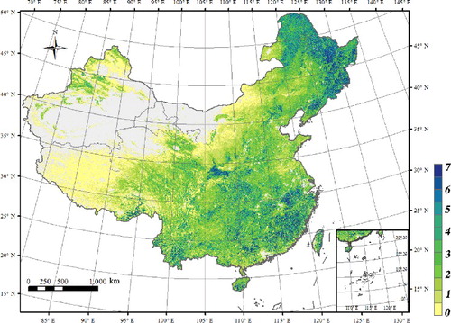 Figure 8. The 30 m HJ-1 LAI map for China for the summer of 2012 using the retrieval algorithm.