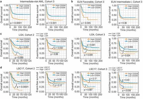 Figure 5. Prognostic value of CD206 expression in the context of established risk stratification schemes. (a) OS and EFS according to CD206 expression levels among intermediate-risk patients from Cohort 3. (b) OS of CN-AML patients (Cohort 3) in the ELN Favorable (left) and ELN Intermediate-I (right) genetic groups, according to CD206 expression levels. (c and d) OS and EFS of patients from Cohort 2 (left) and from Cohort 3 (right) as stratified by the LI24 (c) and the LSC17 (d) signature. Patients with a low and high risk score were further dichotomized according to CD206 expression levels