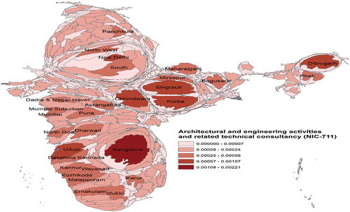 Figure 6. Spatial concentration patterns for Architectural and engineering activities and related technical consultancy (NIC-711) industry across various districts in India.