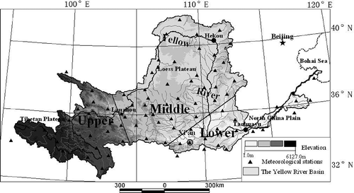 Fig. 1 Location of the YRB and the meteorological stations used in this study (▴). The two straight lines show the division of the basin into upper, middle and lower regions.