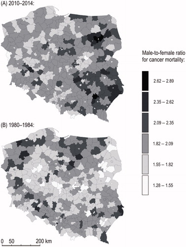 Figure 3. Gender gap in cancer mortality in 1980–1984 and 2010–2014. Male-to-female ratio for age-adjusted cancer mortality rate.