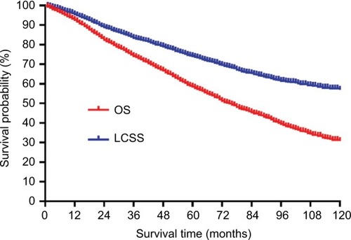 Figure 2 OS and LCSS curves of all patients.Abbreviations: LCSS, lung cancer-specific survival; OS, overall survival.
