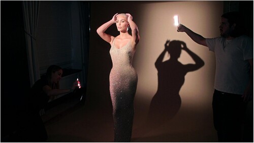 Figure 1. Kim Kardashian poses in Marilyn Monroe’s ‘Happy Birthday’ dress prior to the 2022 Metropolitan Museum of Art’s Costume Institute Gala. Image courtesy of Hulu.