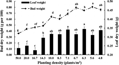 Figure 3 Bud and leaf dry weight of 2-year-old apple trees grown at various densities. Each value is the mean with SED of three replicates. Data labelled with the same letter are not significantly different at P = 0.05.