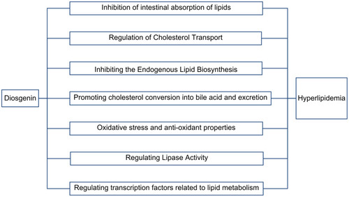 Figure 1 The mechanism of diosgenin on lipid metabolism. As Figure 1 shows, the paper will elaborate the lipid metabolism regulating mechanism of diosgenin in detail. It includes diosgenin’s effects on inhibiting intestinal absorption of lipids, regulation of cholesterol transport, promoting cholesterol conversion into bile acid and excretion, inhibiting the endogenous lipid biosynthesis, effect on antioxidation, regulating lipoprotein lipase activity, and regulating transcription factors related to lipid metabolism.