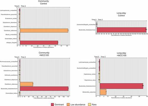 Figure 5. Fold differences in relative abundance of bacterial species in community (a) and long-stay (b) microbiota types supplemented with the MCC100 or control showing significant differences between time 0 and time 3. Bacterial species were classified as dominant (relative abundance ≥ 1%), low abundant (relative abundance between 0.1 and 1%) or rare (relative abundance ≤ 0.1%). Statistically significant differences were determined using Kruskal–Wallis test (p-value<0.05), followed by Dunn’s post-hoc test (*p-value <0.05, ** p-value <0.005)