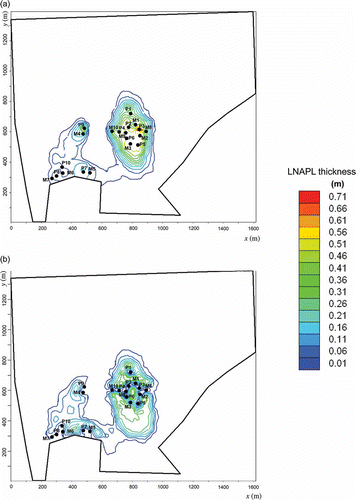 Fig. 3 (a) Initial LNAPL distribution and location of extraction wells; (b) Final LNAPL thickness distribution after the PSO optimal pumping strategy has been implemented.