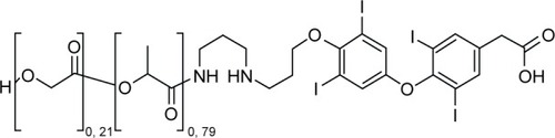 Figure 1 Chemical structure of NDAT (Nanotetrac).Note: The chemical name is {4-[4-(3-(3-(poly-2-(2-hydroxyacetotoxy))propanamido) aminopropoxy)-3,5-diiodophenoxy]-3,5-diiodopheny} acetic acid.Abbreviations: NDAT, nano-diamino-tetrac; tetrac, tetraiodothyroacetic acid.