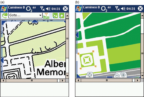 Figure 3. Topographic map (a) with no adaptations for mobile device, note fixed resolution labelling © Crown Copyright/database right 2007. An Ordnance Survey Digimap Supplied Service, and (b) topographic map in SVG with colour adaptation for mobile device © Crown Copyright/database right 2007. An Ordnance Survey Digimap Supplied Service.