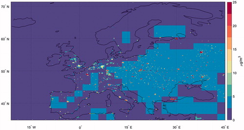 Fig. 2. Annual average (2000–2005) population-weighted anthropogenic PM2.5, computed following the four-level downscaling approach described in Section 2.2.