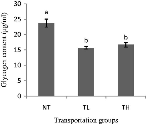 Figure 1. Effect of transportation and stocking density on glycogen content of goat meat on Day 1 (Mean ± SE).