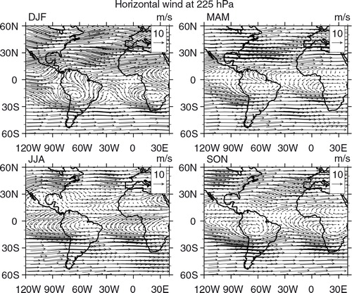 Fig. 13 Horizontal wind vector (m s−1) seasonal maps at 225 hPa from ECMWF ERA-Interim Global Reanalysis at 0.25°×0.25° resolution based on 2008–2012 data.