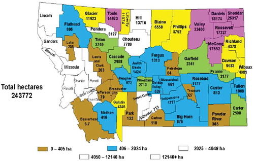 Figure 2. A map of pea (Pisum sativum Linn.) planted area (ha) in Montana in 2015 (Data from Montana Agricultural Statistics).