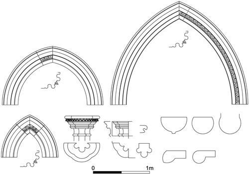 Fig. 32. Meaux Abbey: mouldings and arches, showing similarities with Jervaulx, Beverley and FountainsS. Harrison