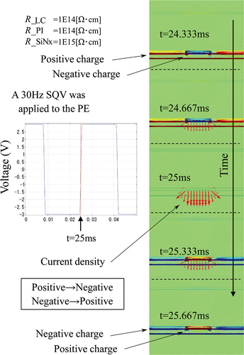 Figure 8. Snapshots of the charge density and current density, when the polarity of the SQV is reversed from negative to positive.