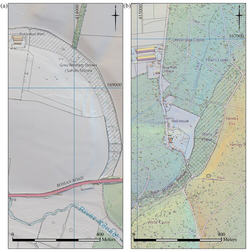 FIG. 12 Map showing walk-over survey extents in the Wiltshire sarsen quarries: (a) Piggledene; (b) Hursley Bottom. Walk-over survey areas are hatched, analytical earthworks survey areas are cross-hatched (includes data derived from EDINA Digimap Ordnance Survey data © Crown copyright and database rights 2021 and 50 cm Digital Surface Model LiDAR data © Environment Agency copyright and database right 2015 [Multi-lit Hillshade visualisation made using the Relief Visualization Toolbox]).