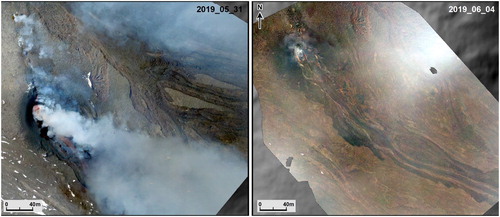 Figure 3. Orthoimages of the vent obtained after the first two surveys; the steam makes it difficult to clearly identify some areas of the lava field but the vents are more visible thanks to the hot lava.