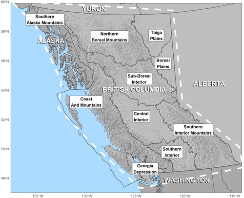 Fig. 1 The study area (white dashed line), which extends just beyond the border of British Columbia and includes the panhandle of Alaska. The British Columbia Eco-province regions are labelled.
