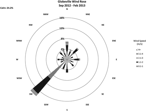 Figure 3. Wind rose summarizing wind speed and direction for the air monitoring period.