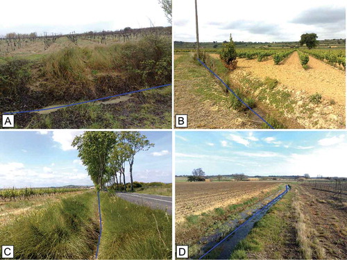 Figure 1. Four examples of man-made drainage features in the Hérault département in the south of France. (A) a small ditch conveying runoff at the bottom of a terrace front on a hilly landscape, (B) a ditch in a flat area, (C) a roadside ditch and (D) a sunken path that also acts as a drainage ditch.