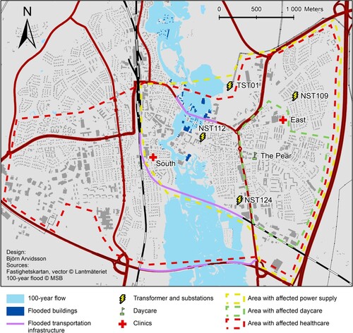 Figure 3. Visualizing societal consequences on a map. The flood scenario is based on simulations from the national flood hazard assessment. The consequences are fictive.