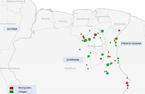 Figure 1 Map of sampling sites in Suriname. The locations of Plasmodium falciparum isolates collected in mining sites are represented as red circles, whereas locations in villages are shown as green circles. The size of each circle corresponds to the number of samples collected from that location. The geographical location (latitude/longitude) of four samples in the study could not be specified based on the patient travel history.