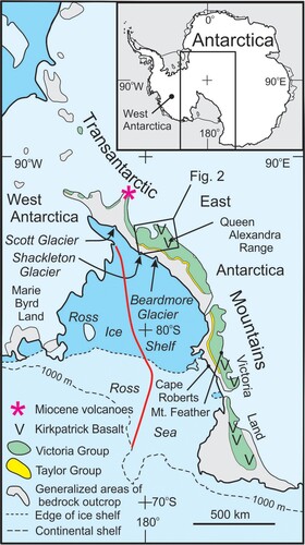 Figure 1. Location map for Antarctica. Red line is the approximate boundary between East and West Antarctic crust (Tinto Citation2019).