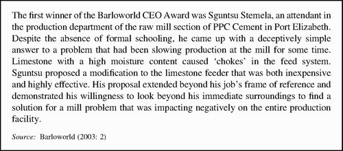 Box 1: Sguntsu Stemela: Barloworld CEO Award winner 2001