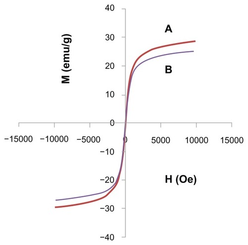 Figure 3 Magnetization plots of (A) iron oxide magnetic nanoparticles and (B) iron oxide nanoparticles coated with chitosan and gallic acid.