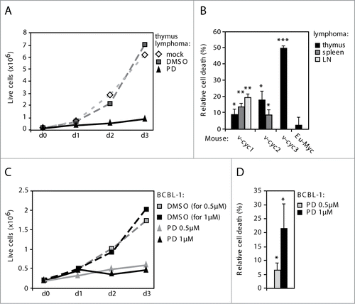 Figure 3. Inhibition of the CDK4/6 activity induces cell death in Eμ-v-cyclin lymphomas and BCBL-1 cells. (A) Number of live cells in a representative Eμ-v-cyclin lymphoma cell line left untreated or treated with vehicle control (DMSO) or 0.5 μM PD033291(PD) for 3 d (d0–d3). (B) Cell death in Eμ-v-cyclin lymphoma cell lines (v-cyc1, v-cyc2, v-cyc3) and a control Eμ-Myc thymic lymphoma cell line (Eμ-Myc), all treated with 0.5 μM PD for 2 d. The percentage of cell death in the corresponding vehicle (DMSO) treated samples is subtracted from the PD-treated samples as a background. LN = lymph node. (C) Number of live cells in BCBL-1 cells treated with vehicle control (DMSO) or 0.5 μM or 1 μM PD, for 3 d (d0–d3). (D) Cell death in BCBL-1 cells treated with 0.5 μM or 1 μM PD for 2 d. Background cell death in the corresponding vehicle (DMSO)-treated samples was subtracted as in (B). Error bars in (B) and (D): s.e.m., n = 2–4. p-values: *P < 0.05, **P < 0.01, ***P < 0.001.