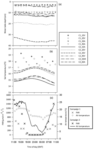 Figure 1. Environmental and meteorological variables measured during both campaigns: (a) WTD (note the inverted y-axis: 0 = peat surface); (b) soil temperature; and (c) PAR and air temperature.
