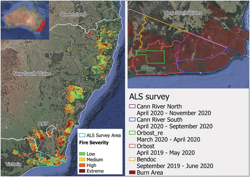 Figure 1. Image (left) shows the burn area and fire severity classes based on fire severity maps of Victoria and New South Wales. Image (right) shows the airborne LiDAR survey areas.