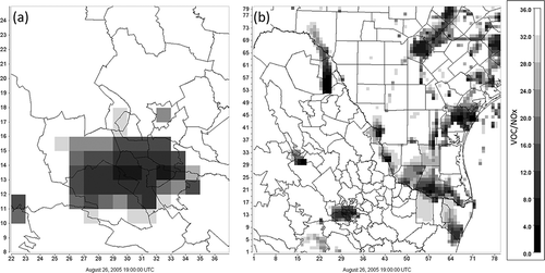 Figure 8. Model-derived VOC/NOx ratios for (a) the MMA and (b) the modeling domain.