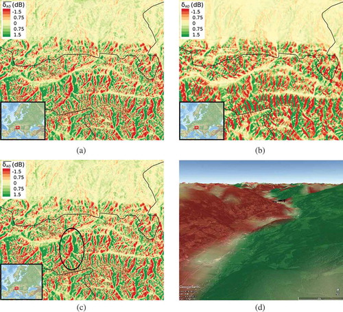 Figure 3. Austrian Alps: Backscatter shift due to different slope orientations: (a) Calculated from Sentinel-1 backscatter (equation (2)), and (b) modelled from SRTM-3 DEM using equation (4). (c),(d) Detail example of the Zillertal in the Tyrolean Alps.