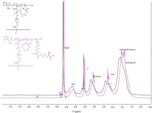 Figure 2 1HNMR spectra of PVCL-PEG and PVCL-Lys.Abbreviations: PVCL, poly(N-vinylcaprolactam); PEWG, poly(ethylene glycol).