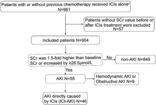 Figure 1. Flow chart of patient selection. a Patients with previous chemotherapy were defined as those with an interval of more than 2 months between subsequent ICIs, including cisplatin/carboplatin, oxaliplatin, gemcitabine, and tegafur. AKI: acute kidney injury; SCr: serum creatinine; ICIs: immune checkpoint inhibitors; ICI-AKI: immune checkpoint inhibitor-associated acute kidney injury.