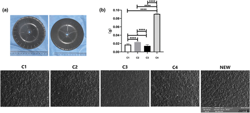 Figure 4.  Corrosion effects of different disinfectants on the pipeline fittings. (a) A new pipeline fitting attached to the negative pressure system called moisture separation cover (made of PP-TD30). (b) Weights of corrosion effects of different disinfectants on moisture separation covers. (c) SEM images of the new and disinfected moisture separation covers. One asterisk indicates a significant difference from all other groups (p < 0.05), four asterisks indicate a significant difference from all other groups (p < 0.0001).