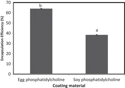 Figure 1. EE of microencapsules prepared by liposome method.Note: a,bSamples represented with different letters are significantly different (p < 0.05) from each other. Error bars show the variations of three determinations in terms of standard error of mean.Figura 1. ee de microencapsulados preparados por el método de liposomas.Nota: a,bLas muestras representadas con letras diferentes son significativamente diferentes (p < 0,05). Las barras de error muestran las variaciones de tres determinaciones en términos de error estándar de la media.