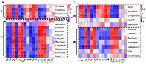 Figure 8. Spearman correlation heat map between soil microbial communities and environmental factors of L.regale. a: fungi; b: bacteria