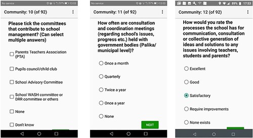 Figure 4. Some examples of qualitative questions integrated in the mobile phone app used for assessing the resilience of educational communities.