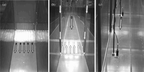 Figure 3 (a) Flume inlet with tranquilizer box, (b) water jet injection apparatus, (c) UVP transducer, bottom (small dots) and longitudinal reference electrodes for sediment layer thickness measurements