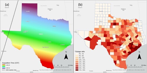 Figure 4. (a) Acquisition time in Central Standard Time (CST) and VIIRS satellite orbit from VNP46A2 on Feb 16, 2021, (b) power outage ratios (tracking data) between 2–3 AM in Texas counties, areas that did not experience extensive power outages are highlighted in blue dashed boundaries.