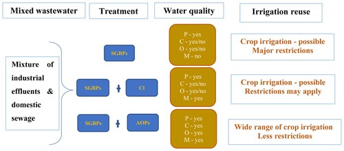 Figure 3. Conceptualization of mixed wastewater treatment options with possible water quality attainments and level of reuse applications for irrigation. SGBPs: suspended growth biological processes; Cl: chlorination; AOPs: advanced oxidation processes. (Water quality parameters, as indicated in Table 5: P – physical; C – chemical; O – organic compounds; M – microbial).