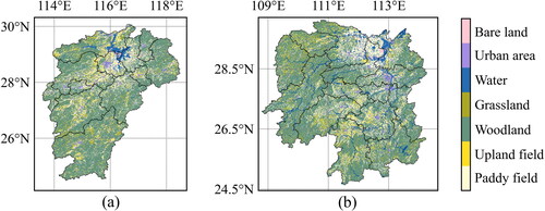 Figure 1. Land use and land cover of the study area. (a) Jiangxi Province. (b) Hunan Province.